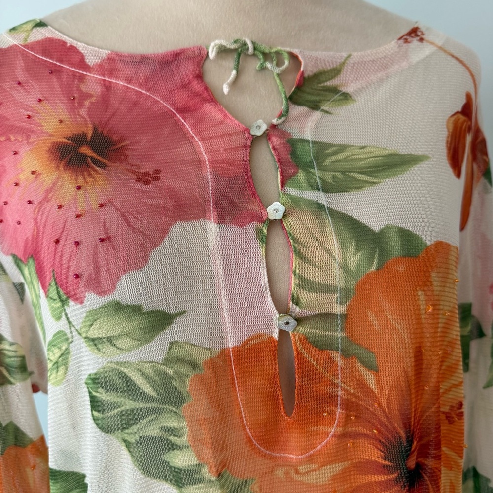 Tommy Bahama | Sheer Floral Mesh Top Cover up Beaded Hibiscus Long Sleeve Sz M - Picture 2 of 11